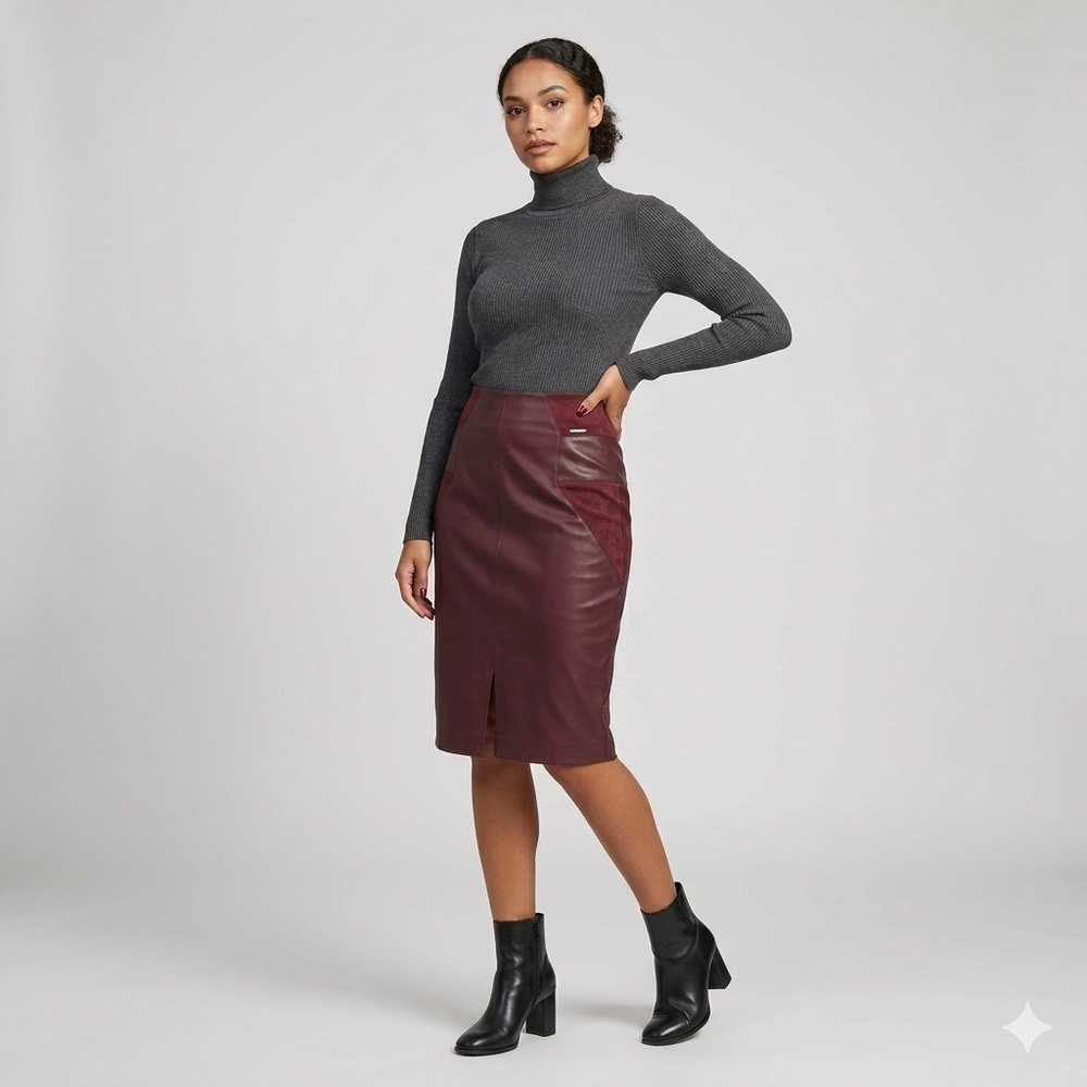 Lady Dutch Burgundy Faux Leather Suede Panel Pencil Skirt Chic Indie Edgy M